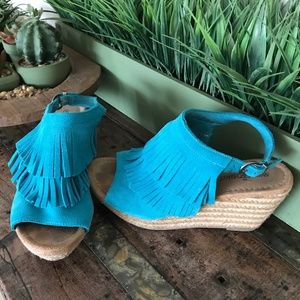 Suede fringe sling back wedge